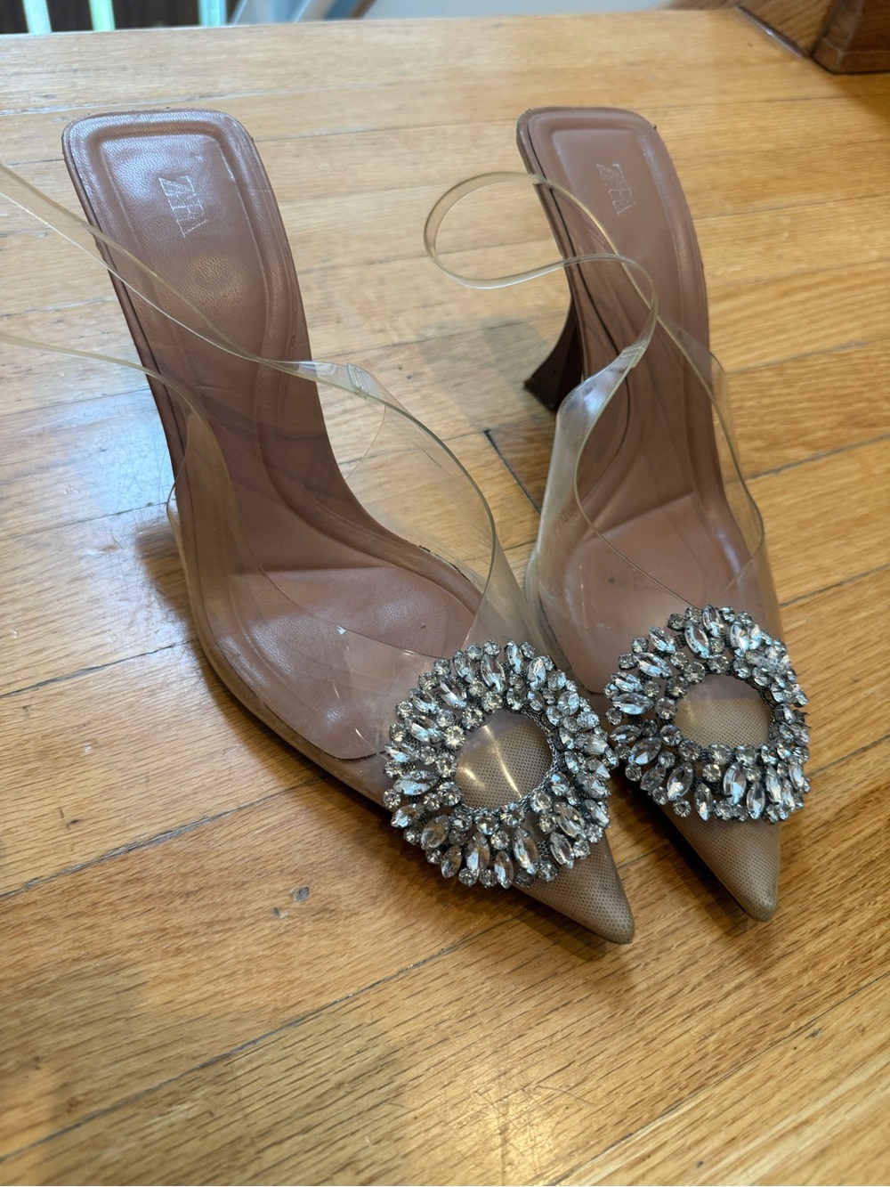 Zara Taupe Pointed Slingback Heels with Crystal Rosette